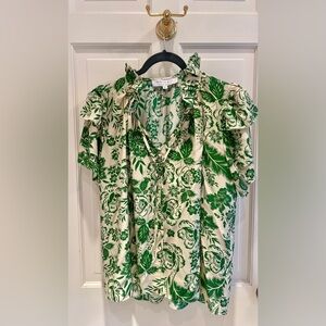 HUNTER BELL Millie Top. Size M. Cream silk with kelly green florals.